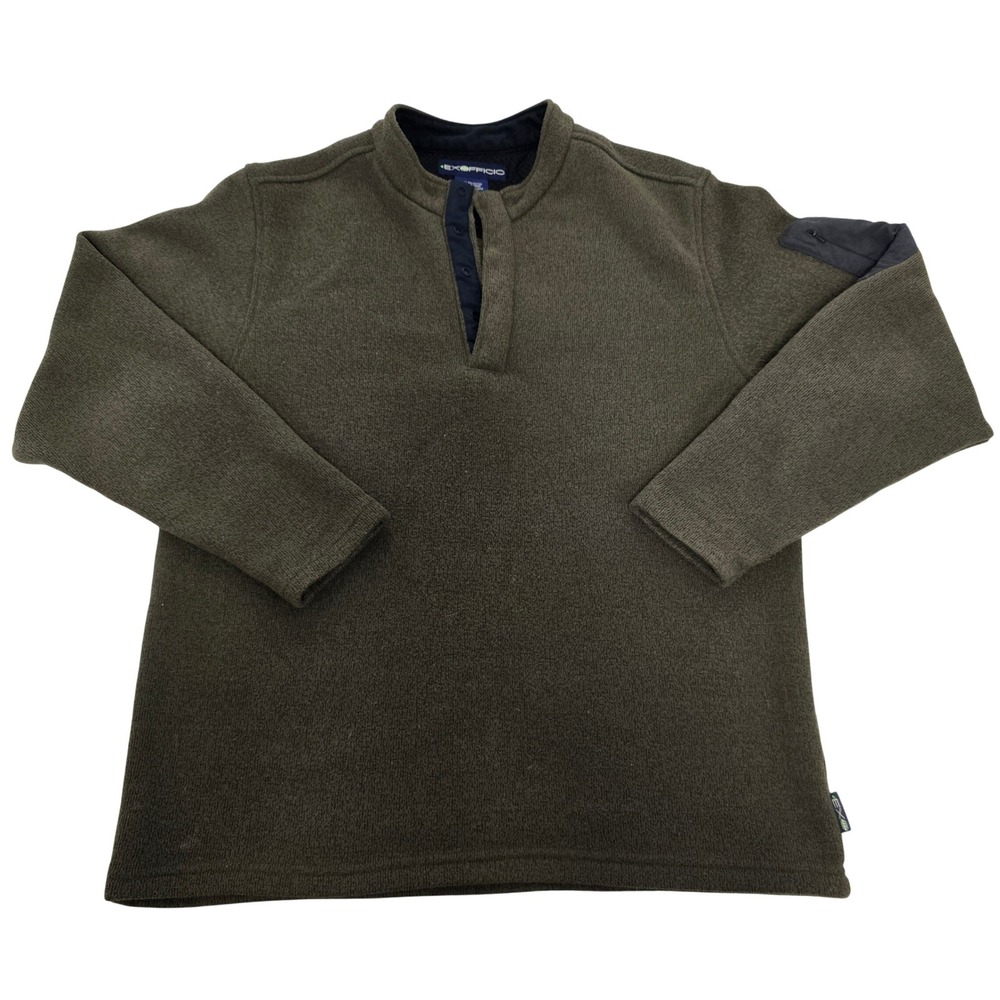 ExOfficio Mens L Olive Green Fleece‎ Henley Pullover Sleeve Pocket Sweater